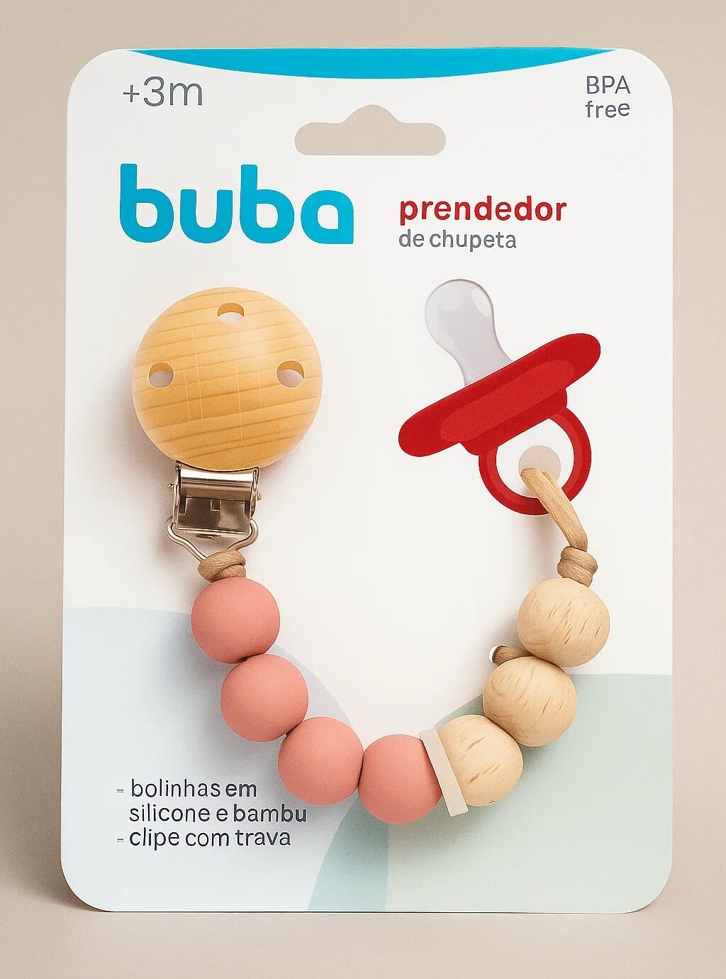 Buba 15646 Prendedor de chupeta Bambu e silicone Rosa