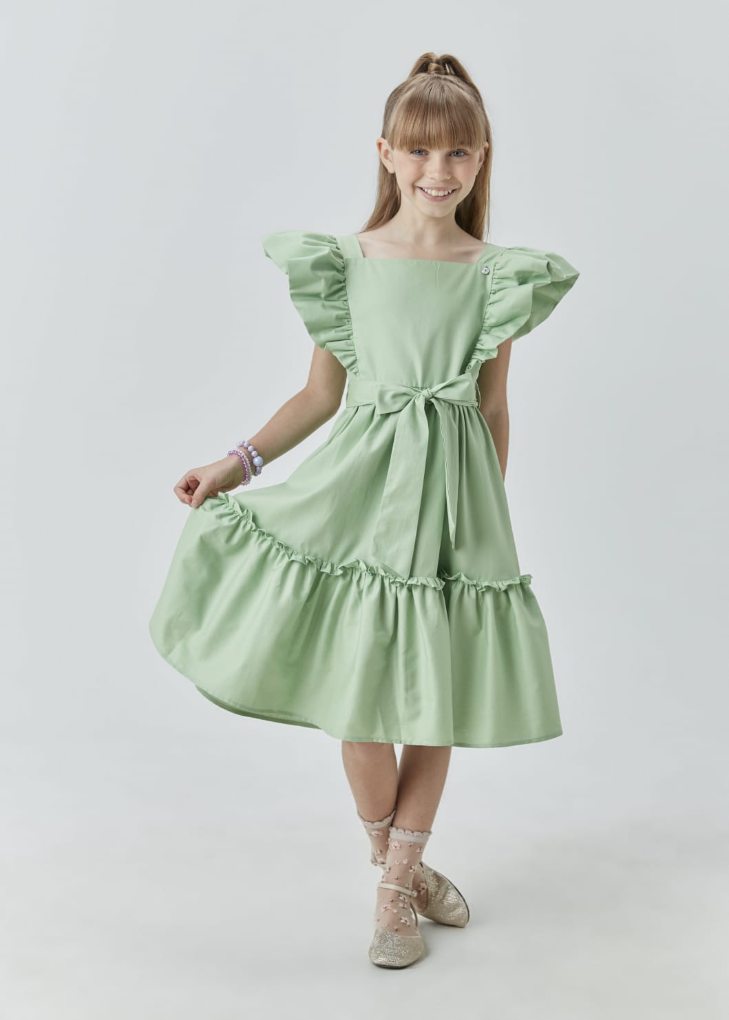 Vestido Midi verde menta em tricoline