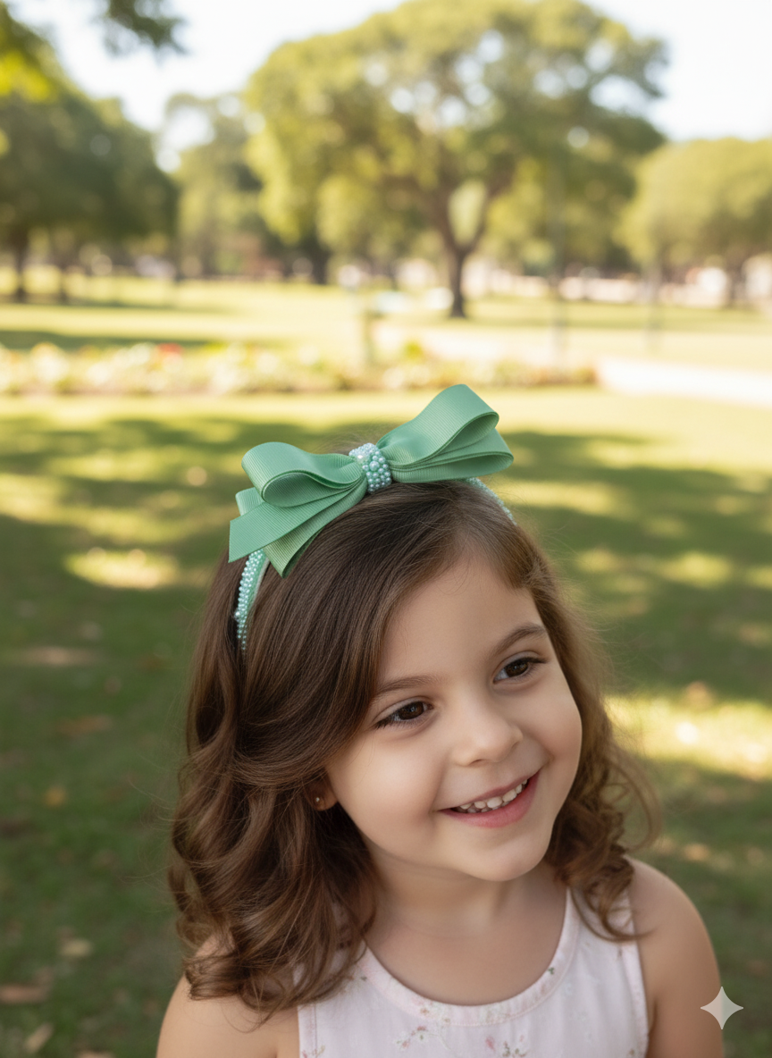 TIARA VERDE COM DETALHES DE PÉROLA